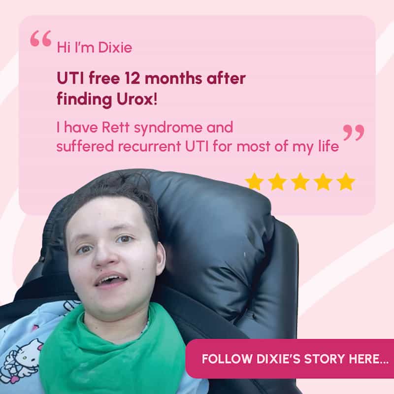 Customer testimonial for UT Cleanse capsules by Seipel Group, featuring a a 5 star review - UTI free 12 months after finding Urox®.