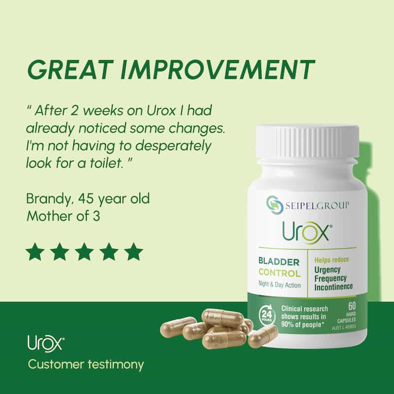Customer testimonial for Urox® Bladder Control capsules by Seipel Group, featuring a 5-star review - Urox® has given me great improvement from having to desperately look for a toilet. 